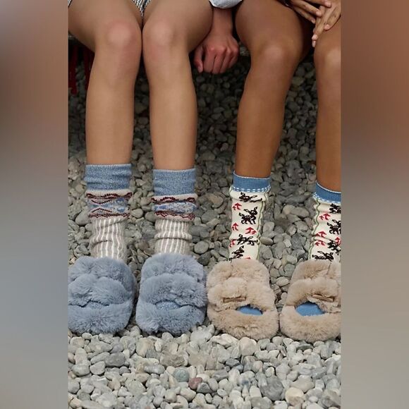 NEW FREE PEOPLE MOVIE NIGHT DOUBLE BUCKLE FURRY SLIPPERS BLUE GREY 37 - Picture 2 of 6